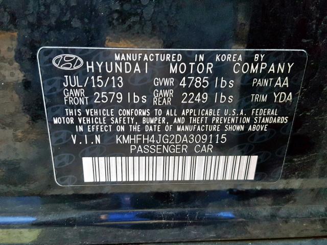 KMHFH4JG2DA309115 - 2013 HYUNDAI AZERA GLS BLACK photo 10