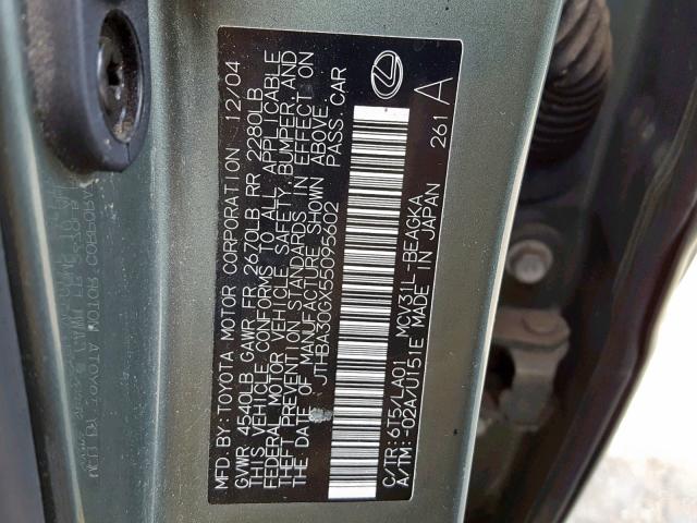 JTHBA30GX55095602 - 2005 LEXUS ES 330 GREEN photo 10