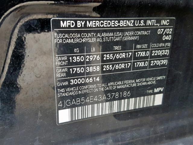 4JGAB54E43A378186 - 2003 MERCEDES-BENZ ML 320 BLACK photo 10