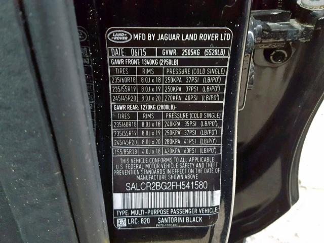 SALCR2BG2FH541580 - 2015 LAND ROVER DISCOVERY BLACK photo 10