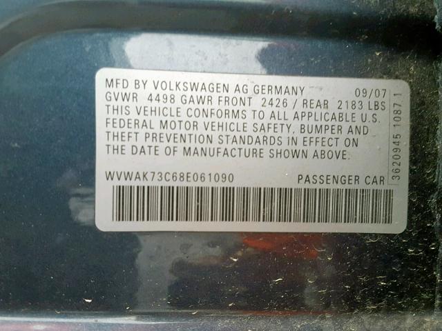 WVWAK73C68E061090 - 2008 VOLKSWAGEN PASSAT KOM BLUE photo 10