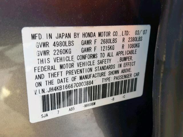 JH4KB16667C003884 - 2007 ACURA RL GRAY photo 10