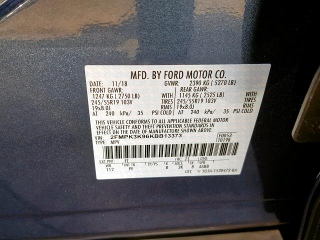 2FMPK3K96KBB13373 - 2019 FORD EDGE TITAN BLUE photo 10