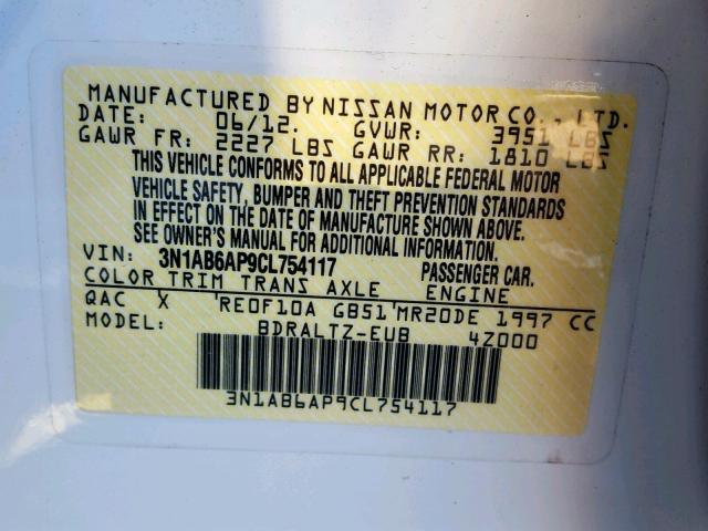 3N1AB6AP9CL754117 - 2012 NISSAN SENTRA 2.0 WHITE photo 10