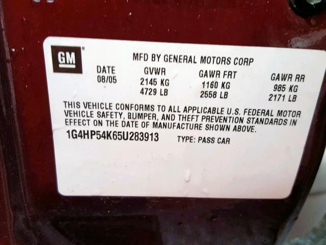 1G4HP54K65U283913 - 2005 BUICK LESABRE CU MAROON photo 10