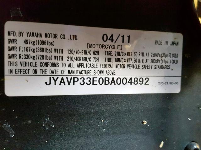 JYAVP33E0BA004892 - 2011 YAMAHA XVS1300 CU BLACK photo 10