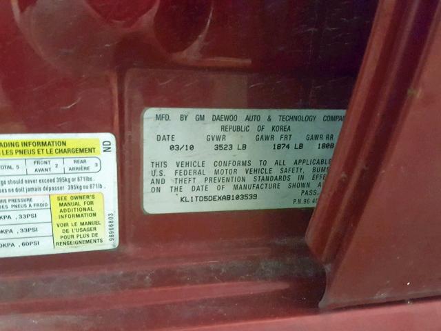 KL1TD5DEXAB103539 - 2010 CHEVROLET AVEO LS MAROON photo 10