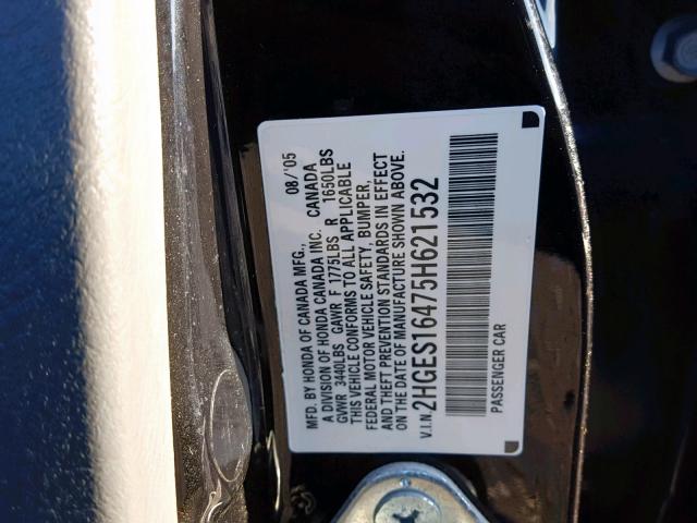 2HGES16475H621532 - 2005 HONDA CIVIC DX BLACK photo 10