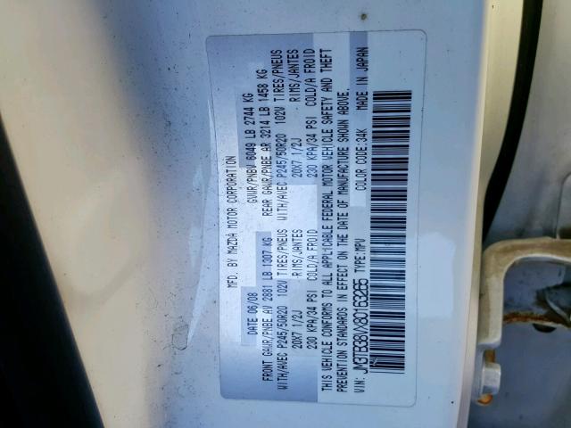 JM3TB38VX80163265 - 2008 MAZDA CX-9 WHITE photo 10