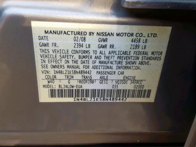 1N4BL21E58N489442 - 2008 NISSAN ALTIMA 3.5 GRAY photo 10