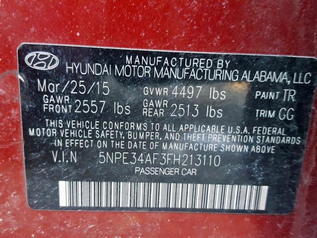 5NPE34AF3FH213110 - 2015 HYUNDAI SONATA SPO RED photo 10