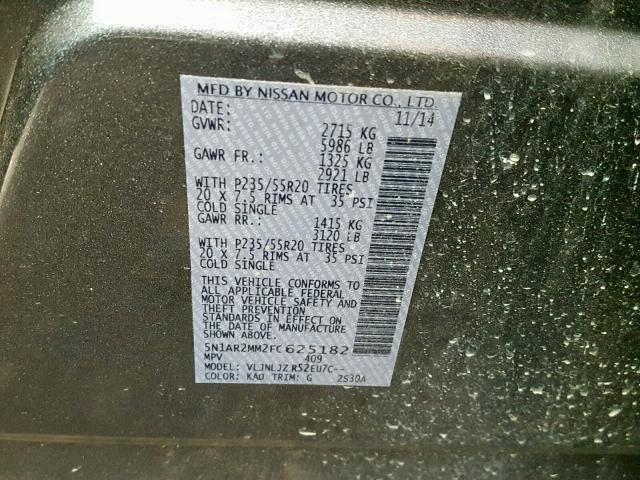5N1AR2MM2FC625182 - 2015 NISSAN PATHFINDER Сірий фото 10