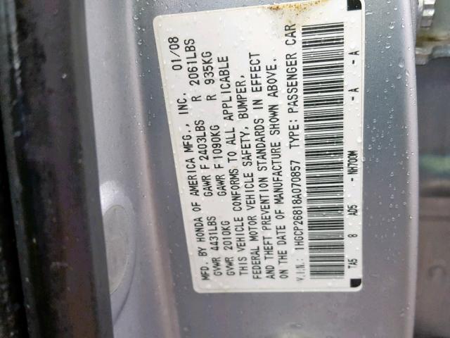 1HGCP26818A070857 - 2008 HONDA ACCORD EXL GRAY photo 10