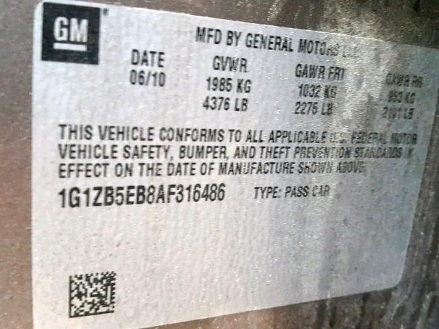 1G1ZB5EB8AF316486 - 2010 CHEVROLET MALIBU LS Қоңыр фото 10