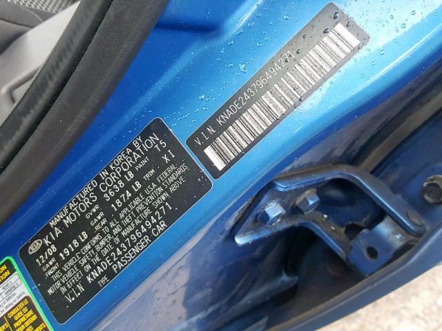 KNADE243796494271 - 2009 KIA RIO 5 SX BLUE photo 10