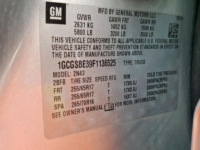 1GCGSBE39F1136525 - 2015 CHEVROLET COLORADO L SILVER photo 10