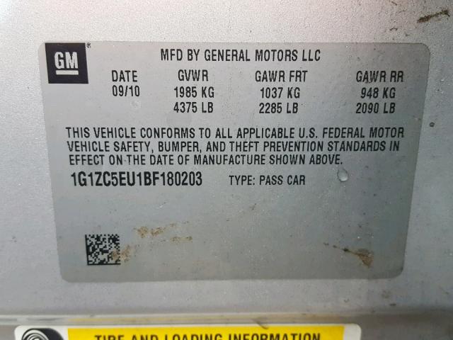 1G1ZC5EU1BF180203 - 2011 CHEVROLET MALIBU 1LT SILVER photo 10