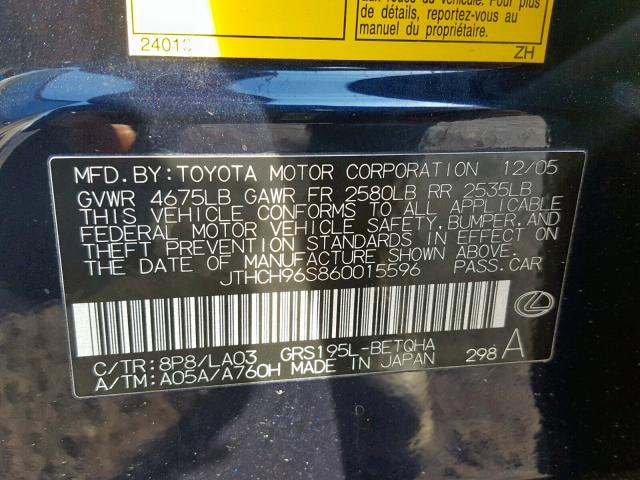 JTHCH96S860015596 - 2006 LEXUS GS GENERAT BLUE photo 10