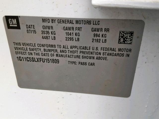 1G11C5SLXFU151809 - 2015 CHEVROLET MALIBU 1LT WHITE photo 10