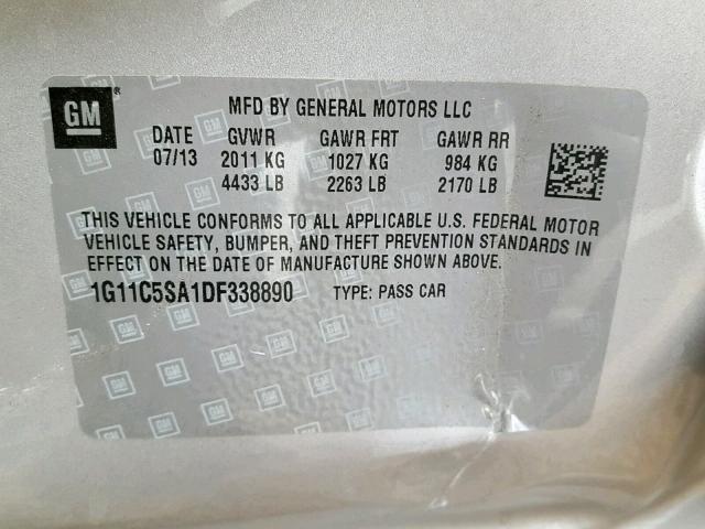 1G11C5SA1DF338890 - 2013 CHEVROLET MALIBU 1LT SILVER photo 10