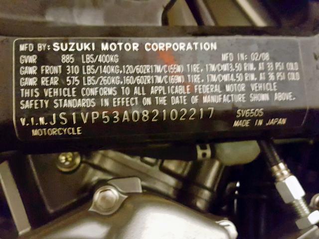 JS1VP53A082102217 - 2008 SUZUKI SV650 GRAY photo 10