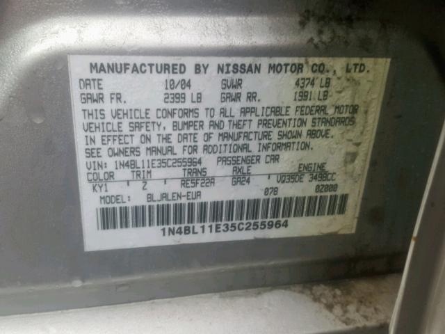 1N4BL11E35C255964 - 2005 NISSAN ALTIMA SE SILVER photo 10