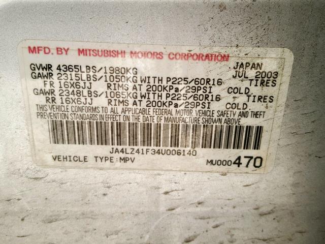 JA4LZ41F34U006140 - 2004 MITSUBISHI OUTLANDER SILVER photo 10