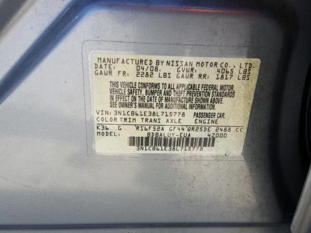 3N1CB61E38L715778 - 2008 NISSAN SENTRA SE- SILVER photo 10