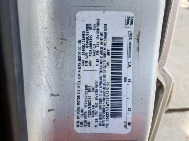 4N2ZN16T11D815153 - 2001 NISSAN QUEST SE SILVER photo 10