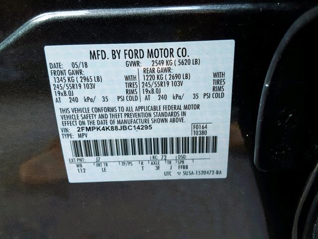 2FMPK4K88JBC14295 - 2018 FORD EDGE TITAN GRAY photo 10