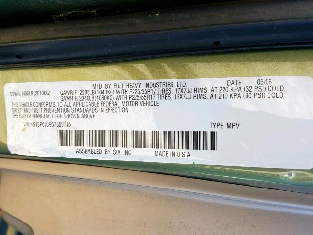 4S4BP61C967359245 - 2006 SUBARU LEGACY OUT GREEN photo 10