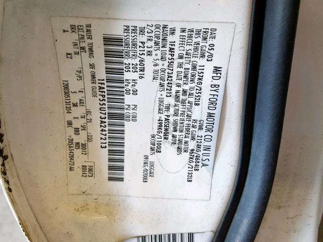 1FAFP55U73A247213 - 2003 FORD TAURUS SES WHITE photo 10