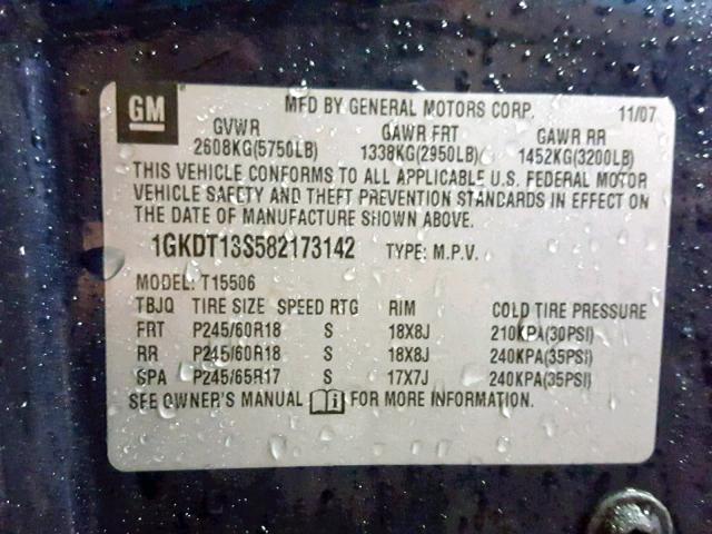 1GKDT13S582173142 - 2008 GMC ENVOY BLUE photo 10