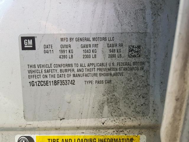 1G1ZC5E11BF353742 - 2011 CHEVROLET MALIBU 1LT SILVER photo 10