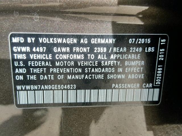 WVWBN7AN9GE504623 - 2016 VOLKSWAGEN CC BASE BROWN photo 10