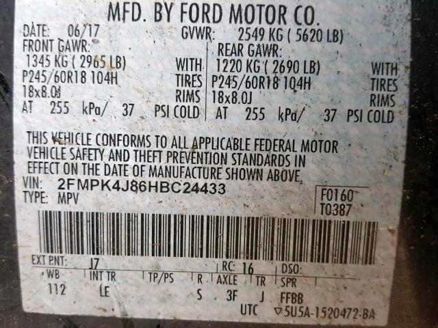 2FMPK4J86HBC24433 - 2017 FORD EDGE SEL CHARCOAL photo 10