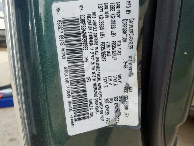 2C8GF68424R286662 - 2004 CHRYSLER PACIFICA GREEN photo 10