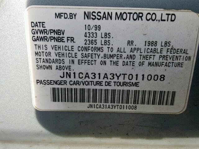 JN1CA31A3YT011008 - 2000 NISSAN MAXIMA GLE BLUE photo 10