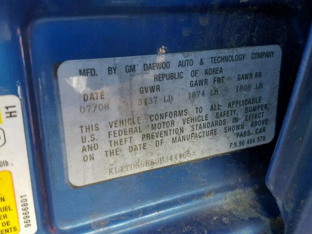 KL1TD66E89B344465 - 2009 CHEVROLET AVEO LS BLUE photo 10