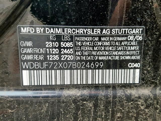 WDBUF72X07B024699 - 2007 MERCEDES-BENZ E 550 BLACK photo 10