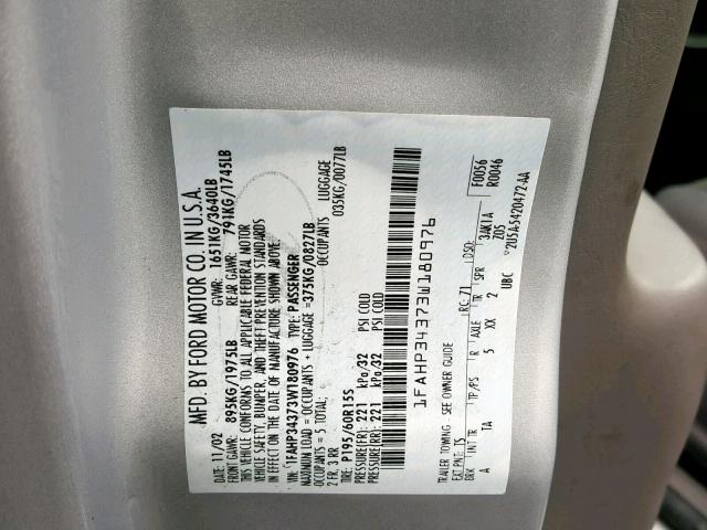 1FAHP34373W180976 - 2003 FORD FOCUS SE C SILVER photo 10