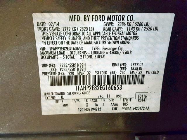 1FAHP2E82EG160653 - 2014 FORD TAURUS SEL GRAY photo 10