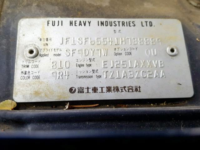 JF1SF65541H738889 - 2001 SUBARU FORESTER S BLUE photo 10