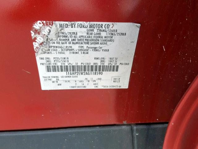 1FAHP2EW2AG118590 - 2010 FORD TAURUS SEL RED photo 10