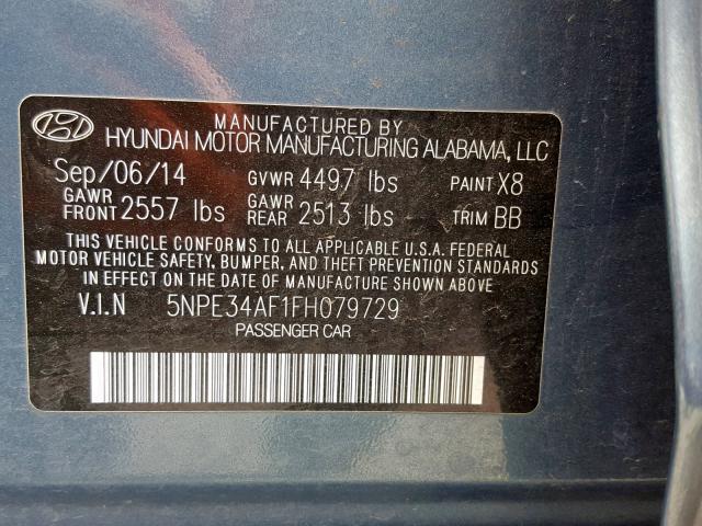 5NPE34AF1FH079729 - 2015 HYUNDAI SONATA SPO BLUE photo 10