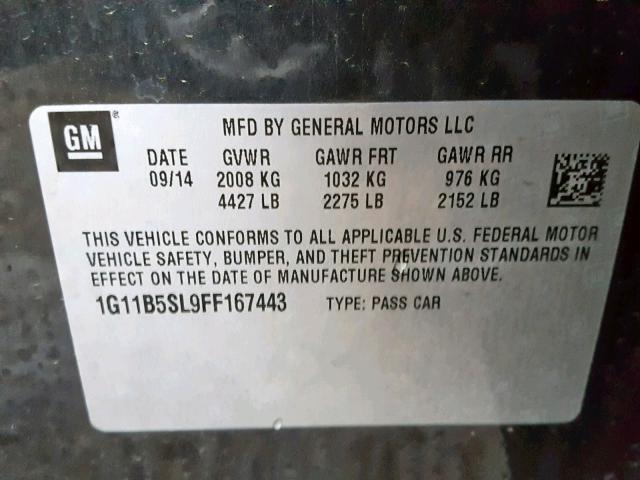 1G11B5SL9FF167443 - 2015 CHEVROLET MALIBU LS გრაფიტი ფოტო 10