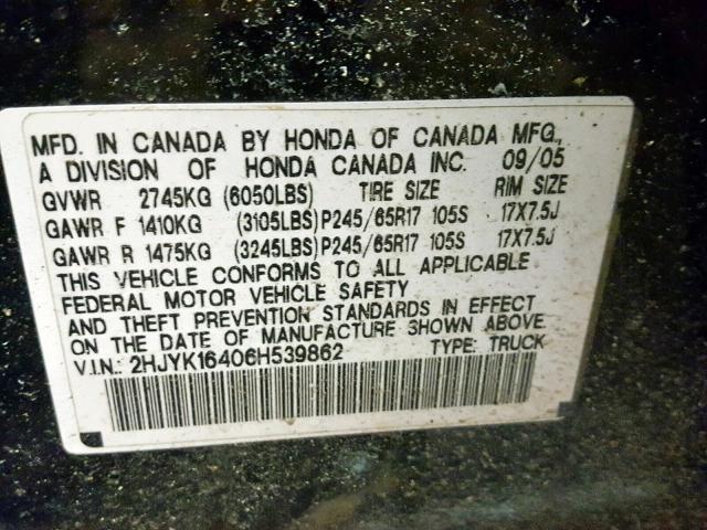 2HJYK16406H539862 - 2006 HONDA RIDGELINE BLACK photo 10