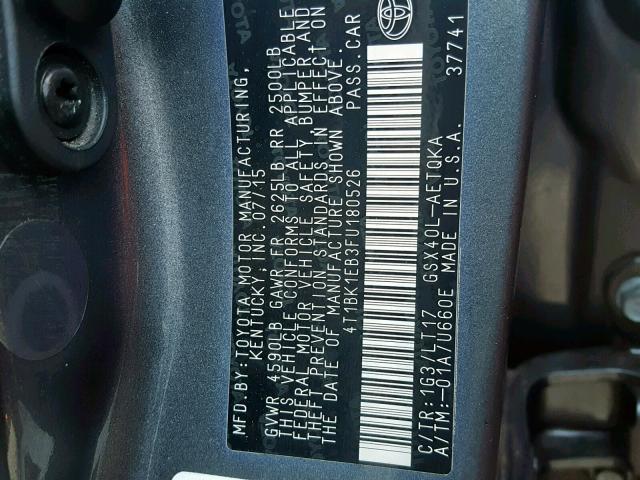 4T1BK1EB3FU180526 - 2015 TOYOTA AVALON XLE GRAY photo 10