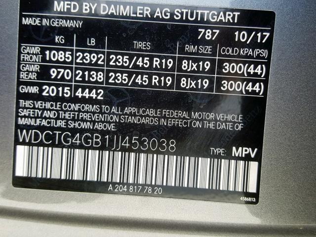 WDCTG4GB1JJ453038 - 2018 MERCEDES-BENZ GLA 250 4M GRAY photo 10