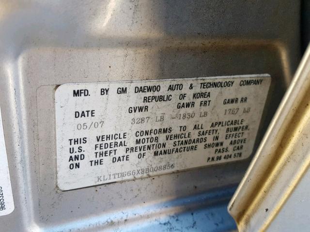 KL1TD666X8B008856 - 2008 CHEVROLET AVEO BASE Gümüş foto 10